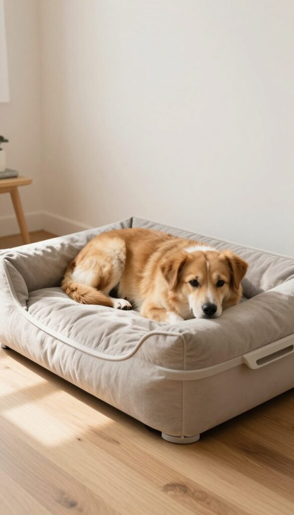 A dog resting on a homemade memory foam dog bed made from a recycled topper in a plastic bin