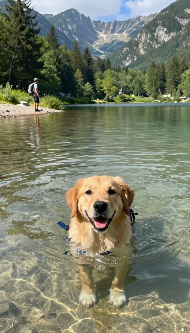 A dog swimming in a clear mountain lake with a hiker watching from the shore, illustrating water safety during hikes.