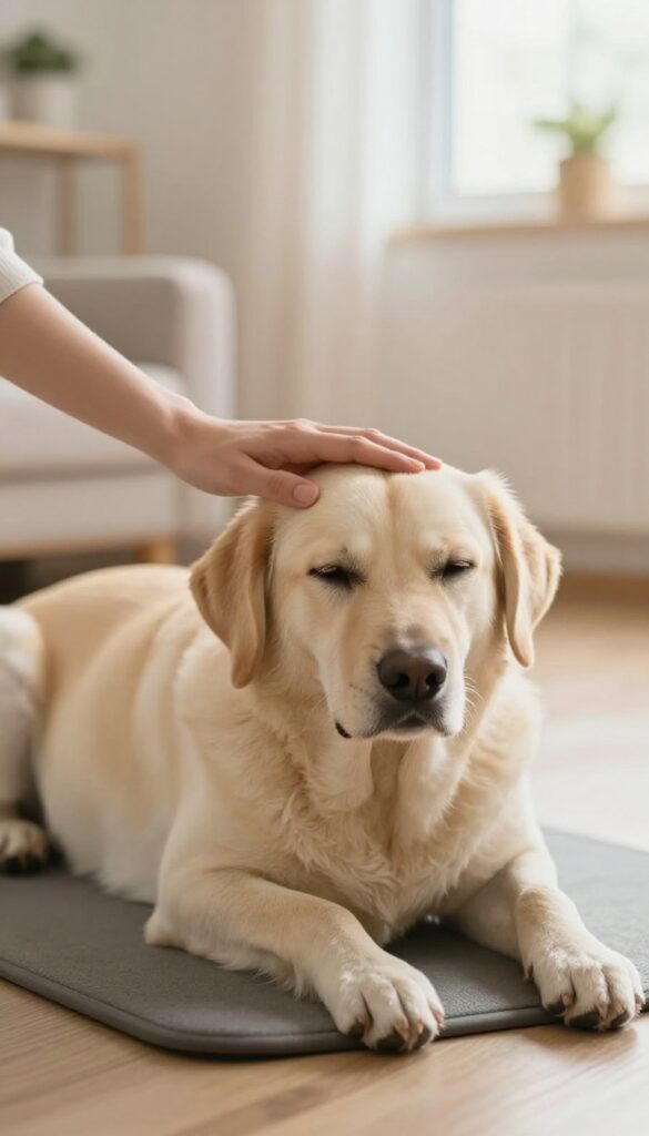 A person gently massaging a relaxed dog in a bright living room, promoting calmness and bonding.