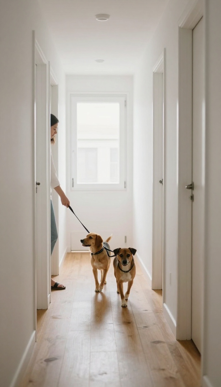 Person walking a dog calmly on a leash in a narrow, bright apartment hallway