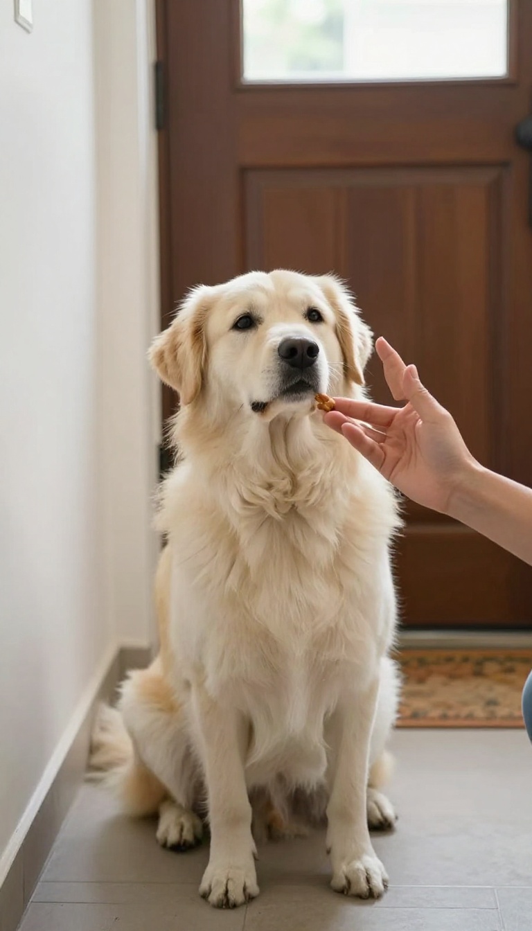 A dog being trained to respond to a quiet cue with a hand signal and treat