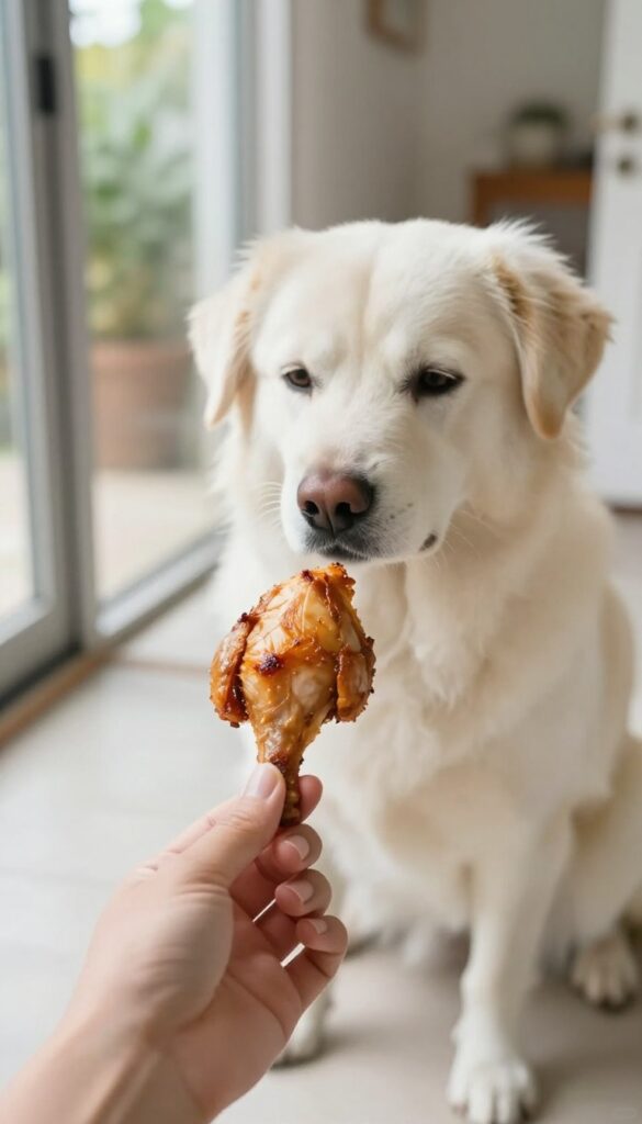 Hand offering a high-value treat to a calm dog near an open door