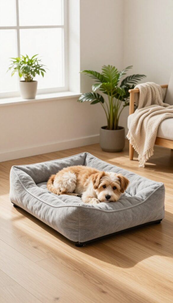 A small dog resting in a cozy heated bed in a bright, modern corner of a home