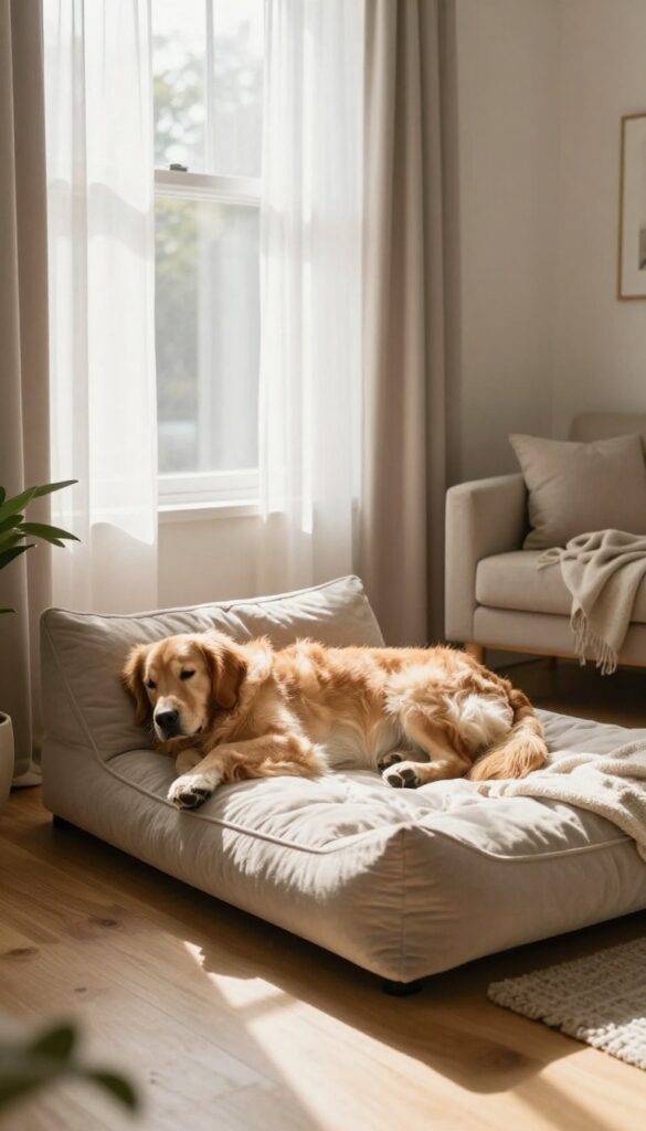 A calm dog resting on its bed in a bright, cozy living room.
