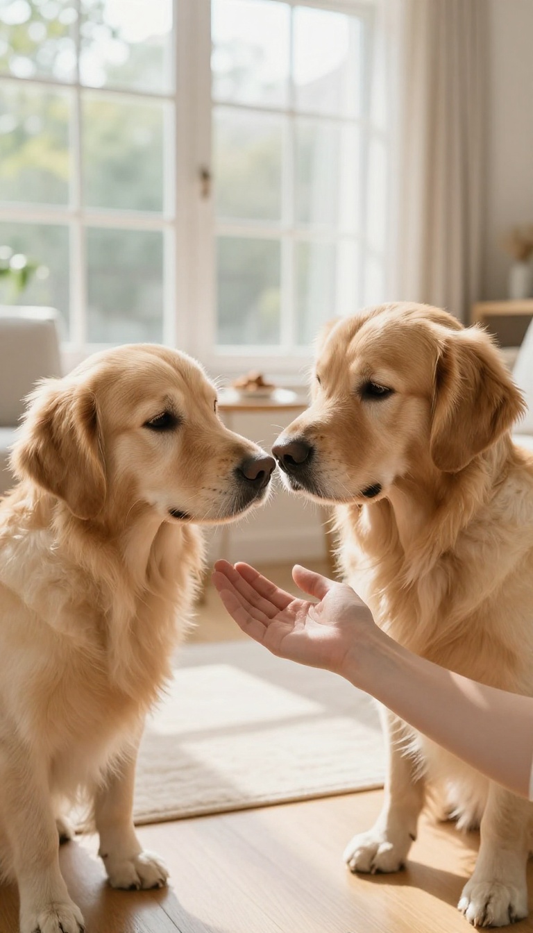A dog touching its nose to a person's hand in a bright living room, demonstrating the touch game for dog training.