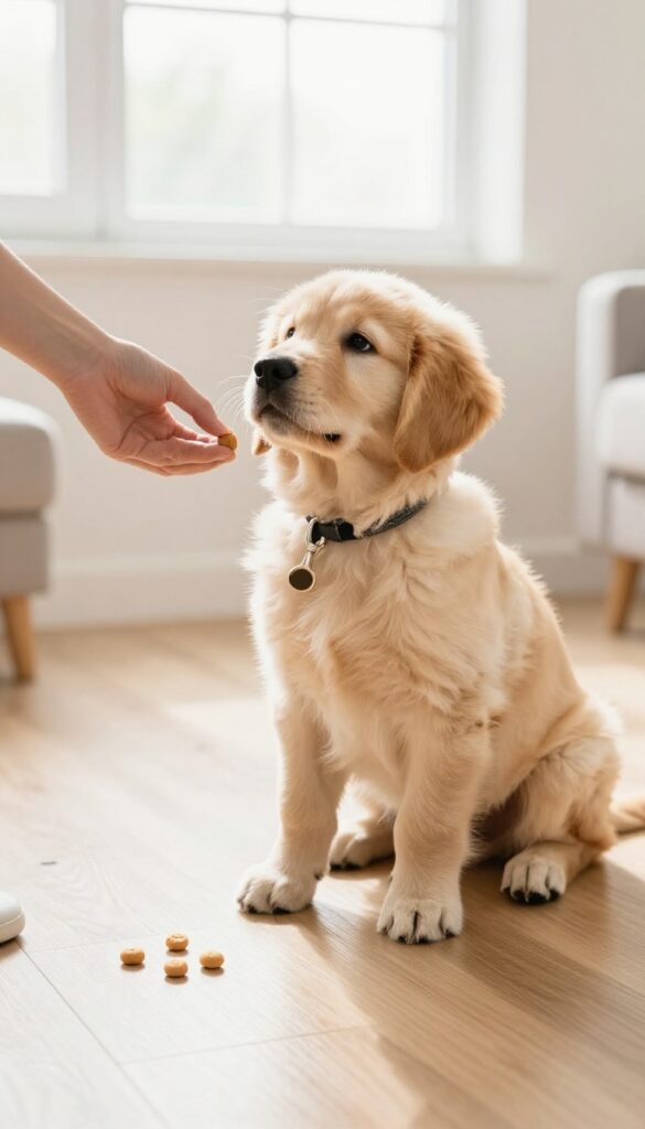 Golden retriever puppy waiting patiently on a leash while treats are tossed nearby