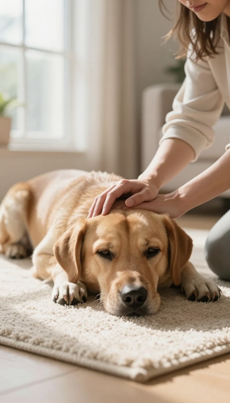 A dog being comforted by its owner in a bright living room, representing anxiety or medical issues behind food stealing.