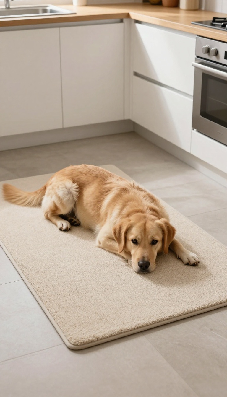 A dog resting on its designated mat in a bright kitchen, away from the counter.