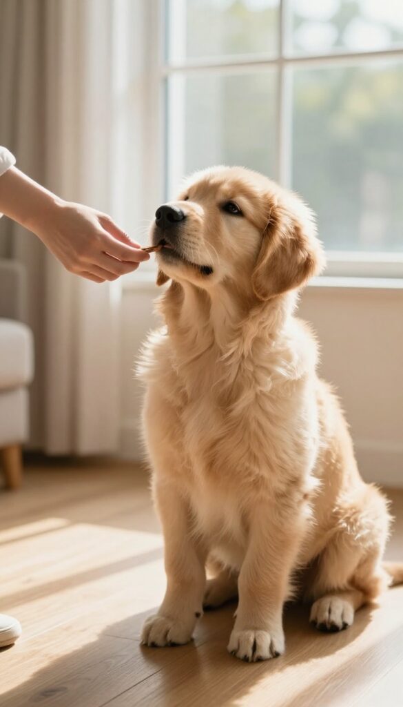 A person rewarding a puppy with a treat while it keeps all four paws on the floor in a bright living room.