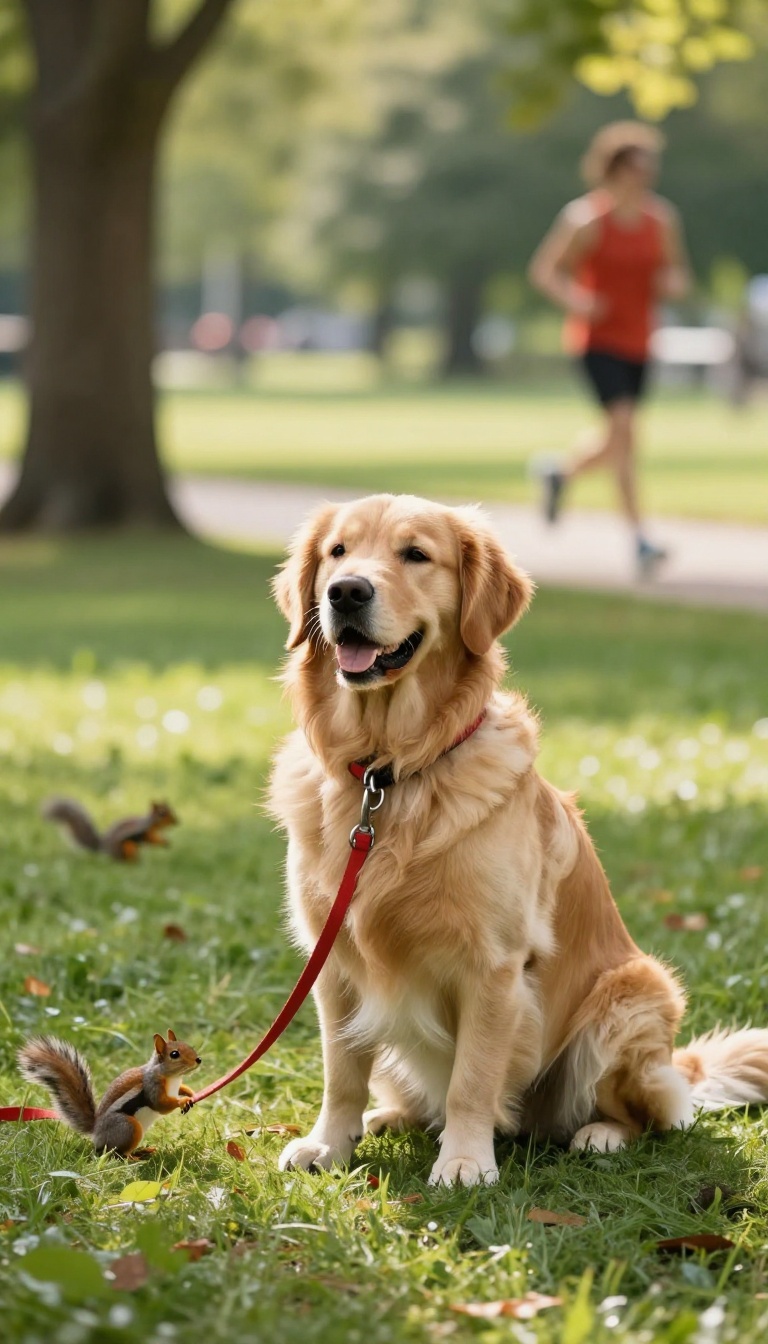 Dog waiting calmly on a park path while distractions like a squirrel and jogger are in the background
