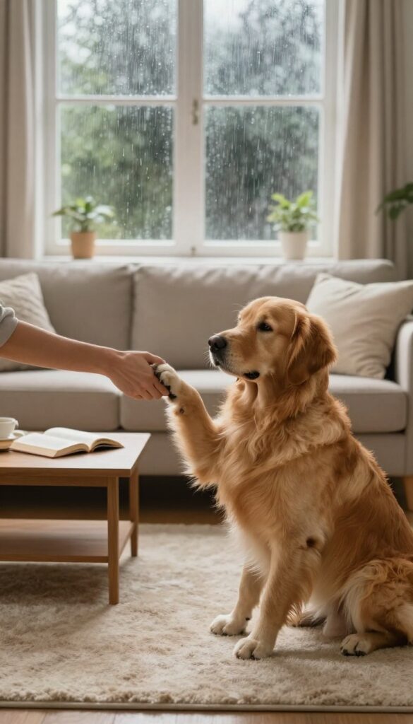 A dog shaking hands with its owner in a cozy living room on a rainy day