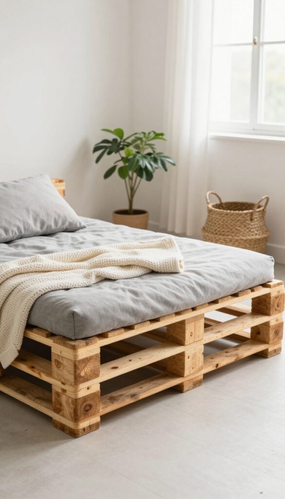 Rustic pallet wood dog bed with a plush cushion and blanket in a bright living room