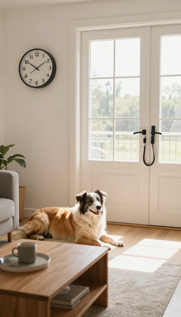 Two dogs resting calmly in a bright living room with a clock and leash, symbolizing a consistent routine.