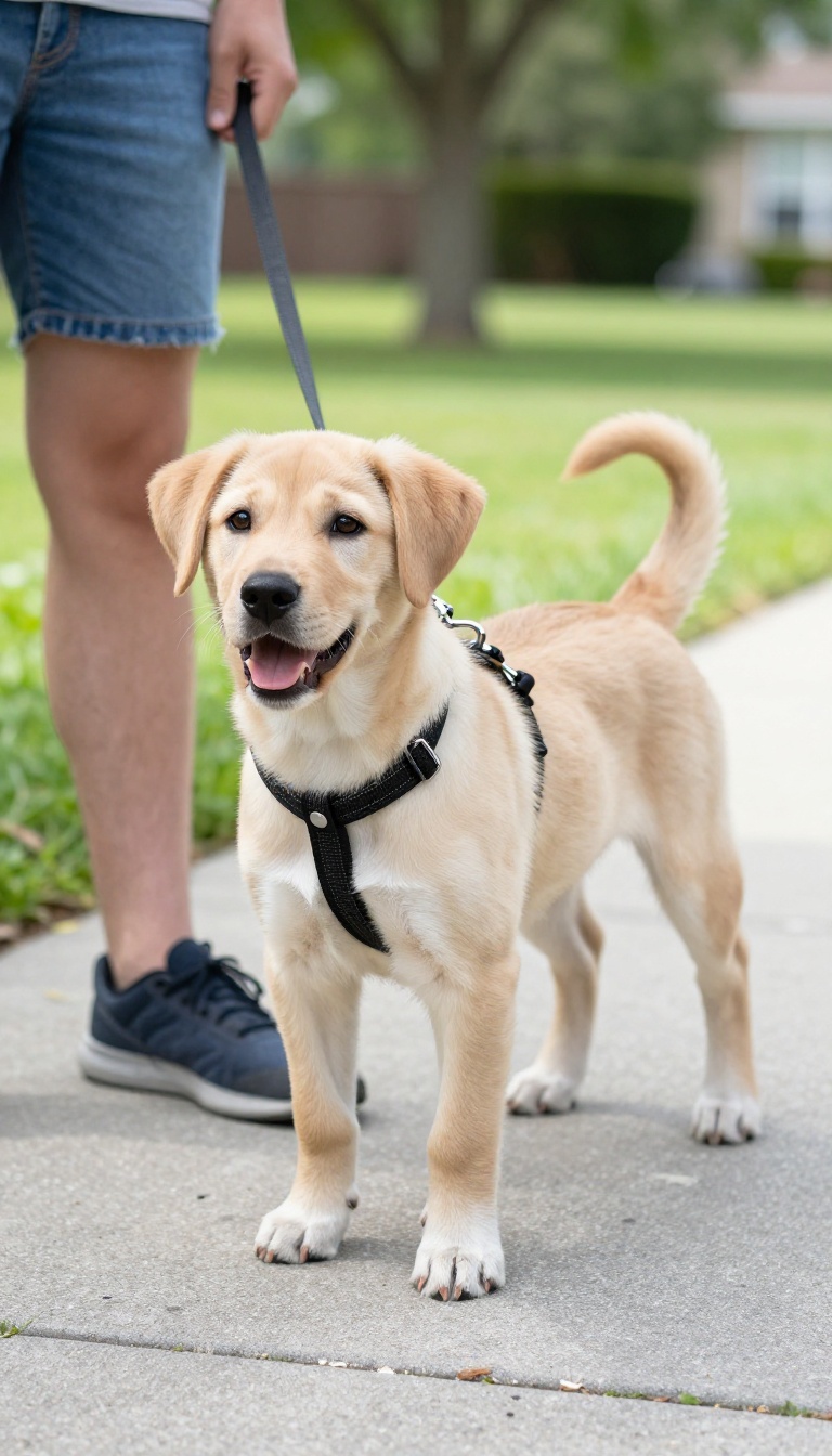 A puppy walking calmly on a loose leash with a well-fitted harness on a sunny sidewalk.