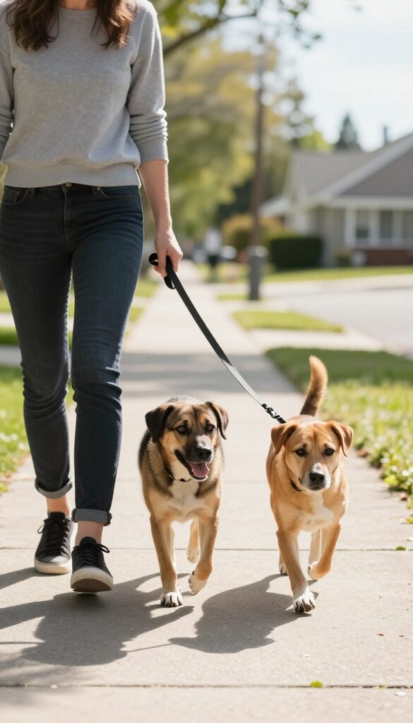 Person walking a dog on a leash, dog in heel position looking up, sudden stop training moment