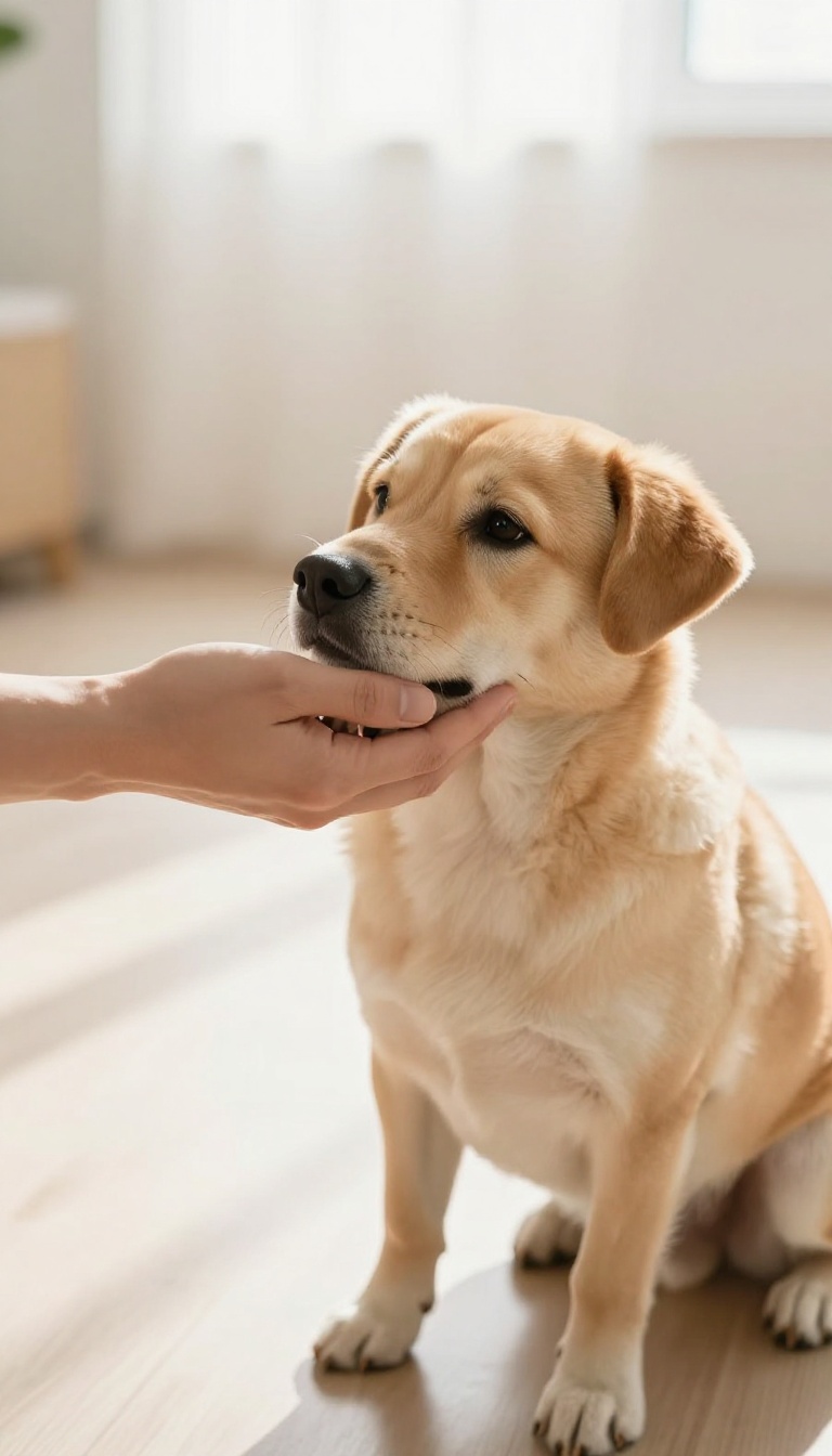 Person holding dog's paw during a positive grooming training session in a bright home setting