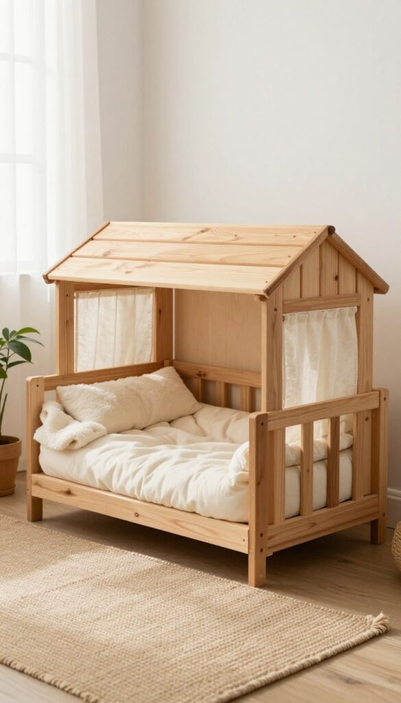Repurposed wooden crate dog bed with plush cushion and small roof in a bright living room