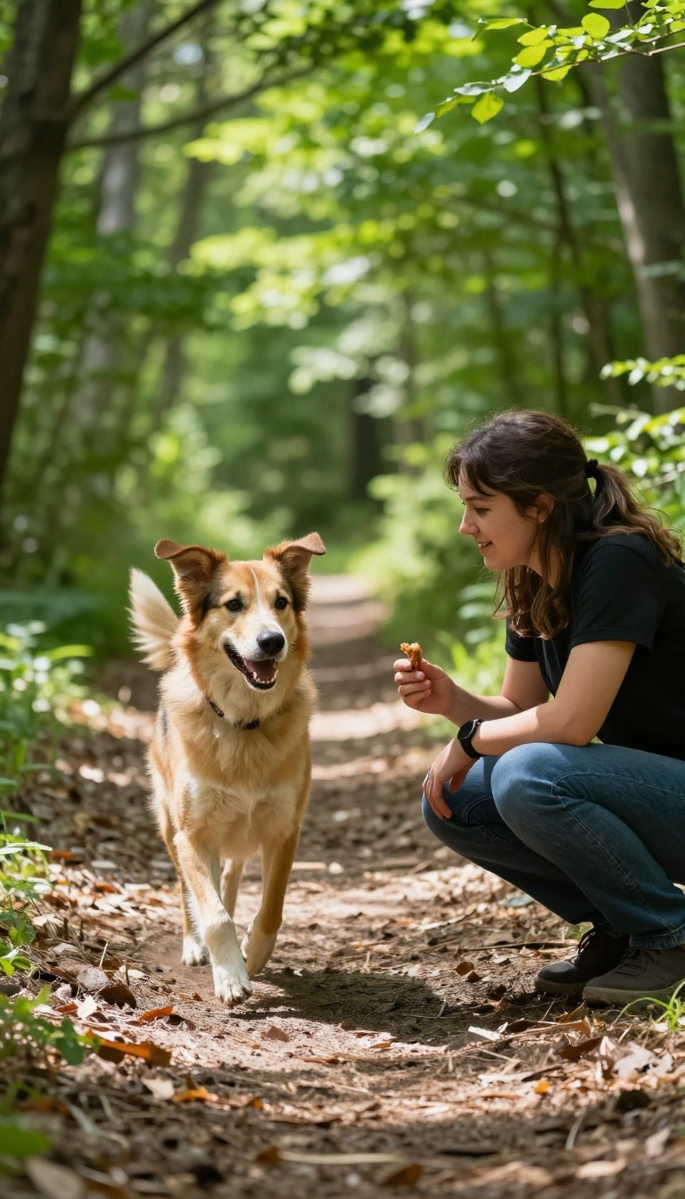 Dog running back to owner on a forest trail during recall training