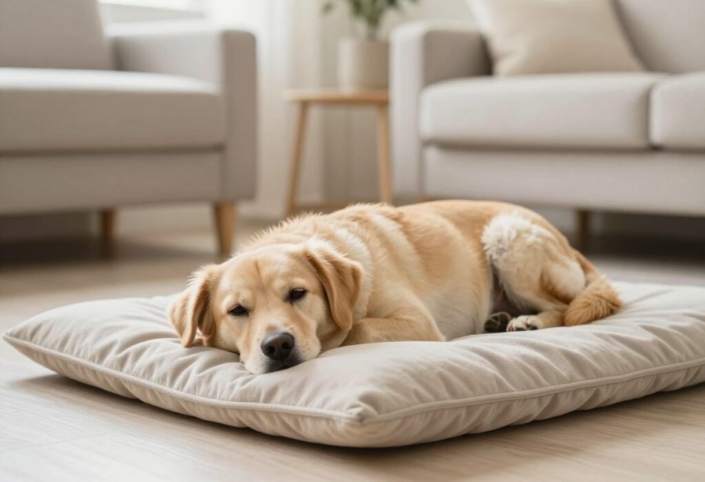 Relaxed dog lying on a mat in a cozy living room