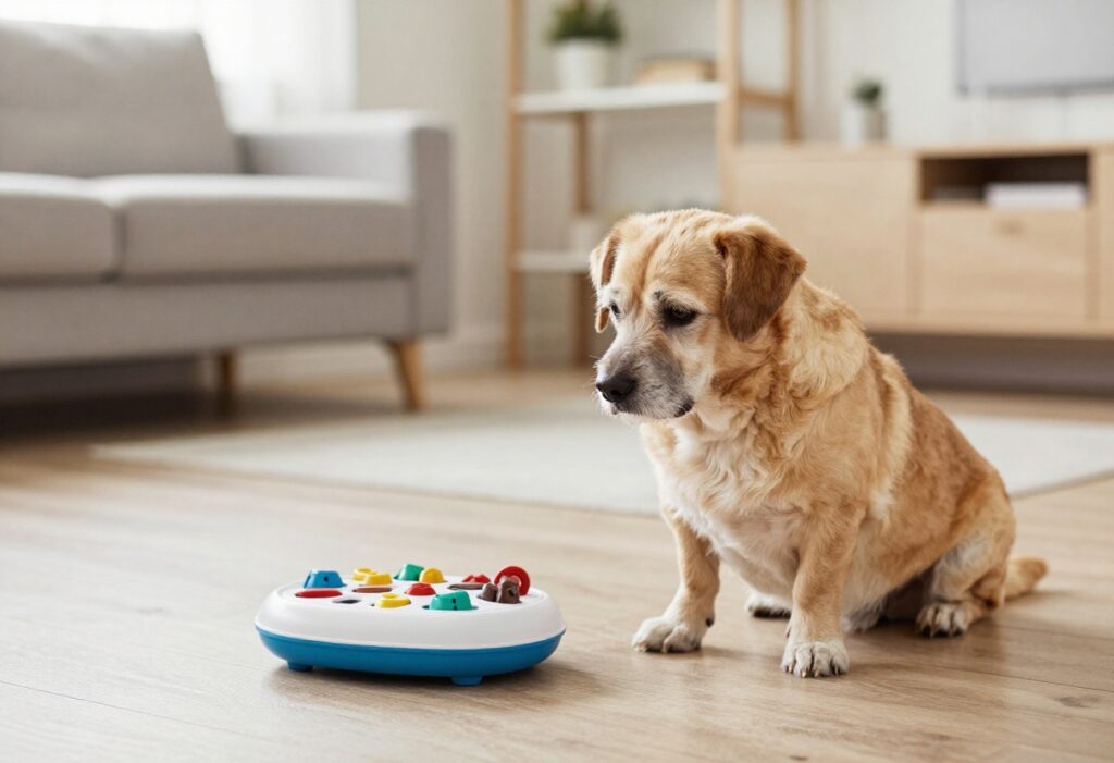 Senior dog engaging with a puzzle toy during a training session