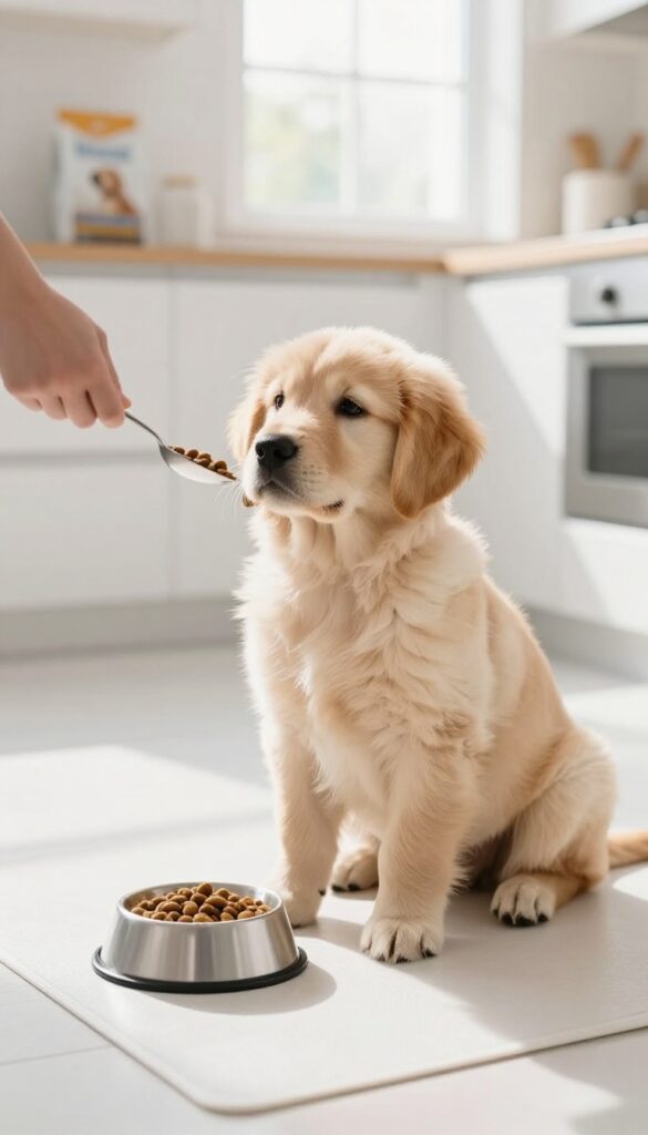 Puppy sitting on a mat during mealtime training, waiting for a food bowl.