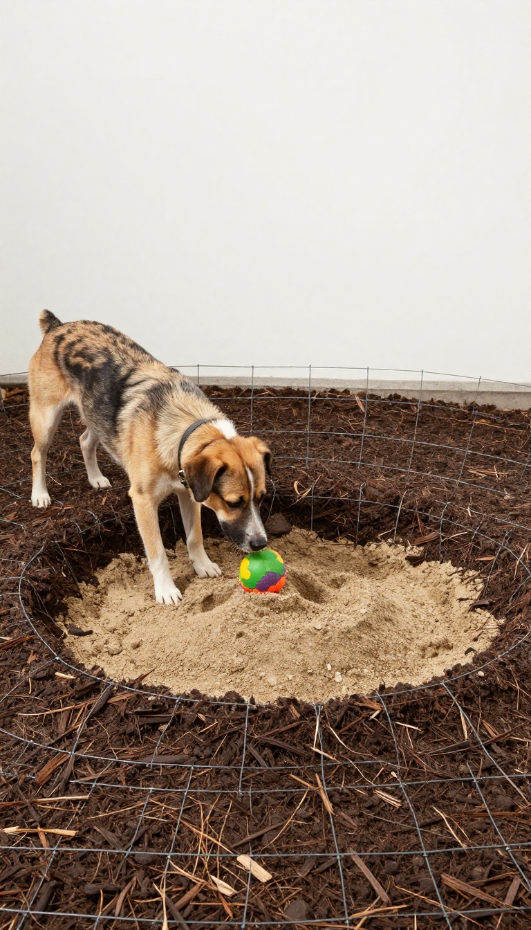 Dog near a garden bed with a wire mesh barrier and a designated digging pit.