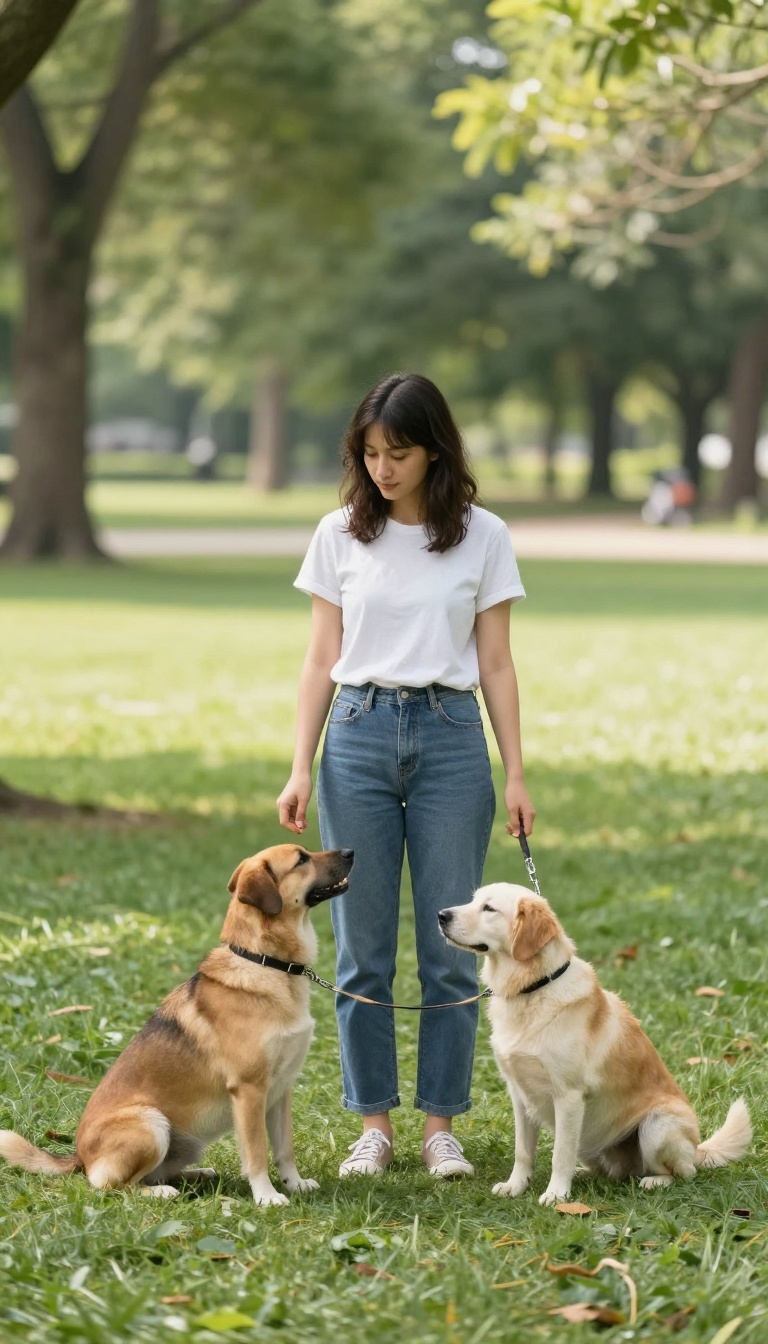 Person standing still like a tree while dog sits calmly on a park path during loose-leash walking training