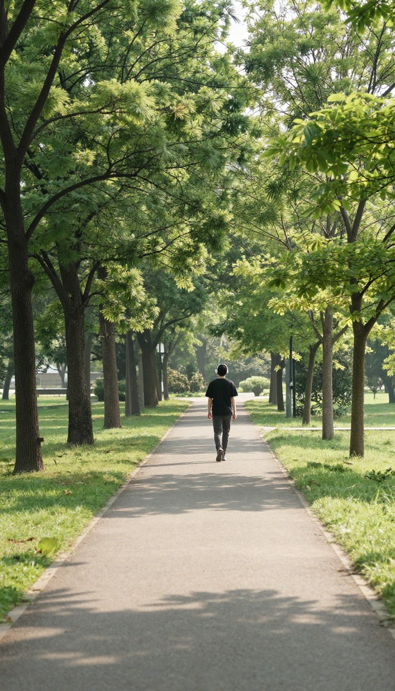 Person walking on a peaceful park path with headphones, enjoying a quiet moment in nature