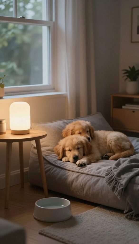Cozy living room at night with a sleeping puppy on a dog bed and an empty water bowl nearby, illustrating a water curfew before bedtime.