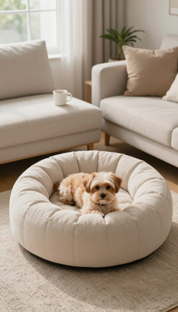 A tufted ottoman dog bed open with a small dog sleeping inside, placed in a bright, cozy living room.