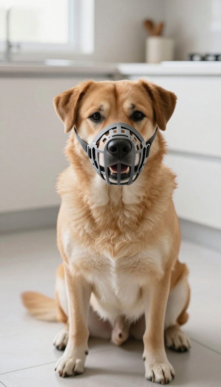 Happy dog wearing a basket muzzle in a bright kitchen