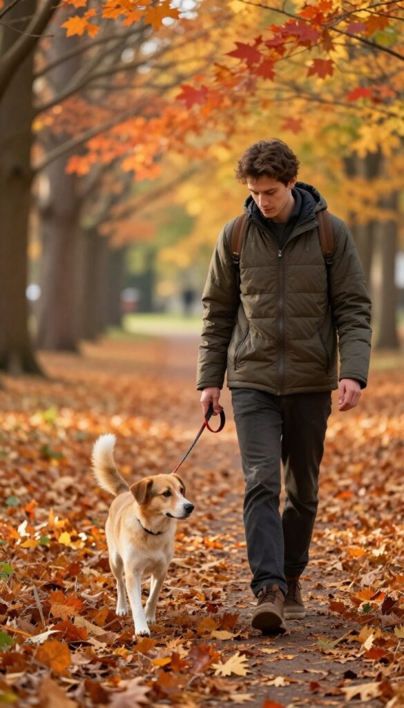 Person stopping during an autumn walk with a dog turning back to them for a treat