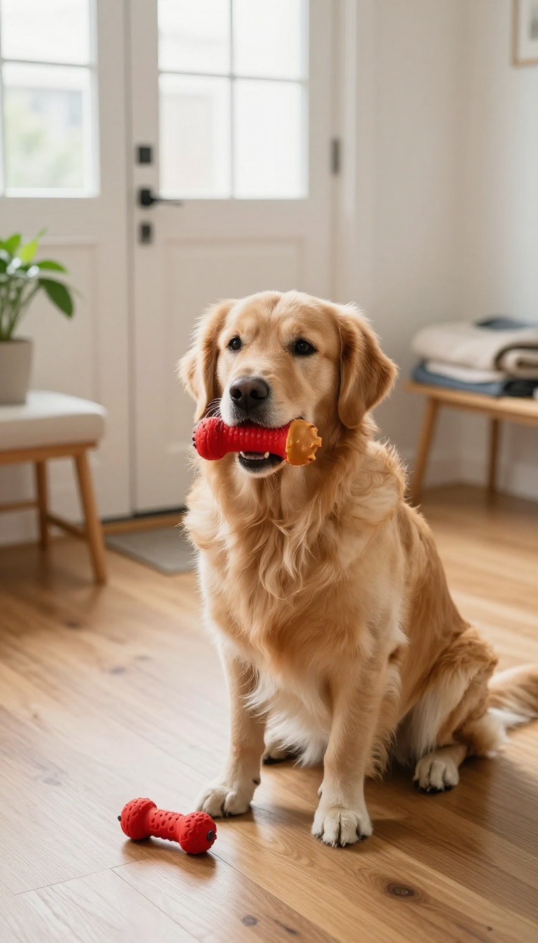 Golden retriever holding a treat-stuffed toy near the front door