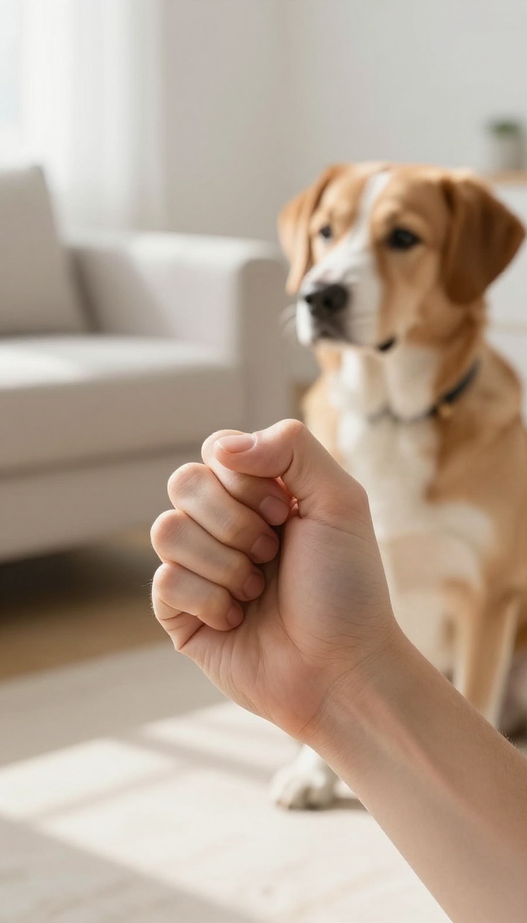 A person holds a closed fist with a treat while a dog looks on during a clicker training session for 'leave it'.