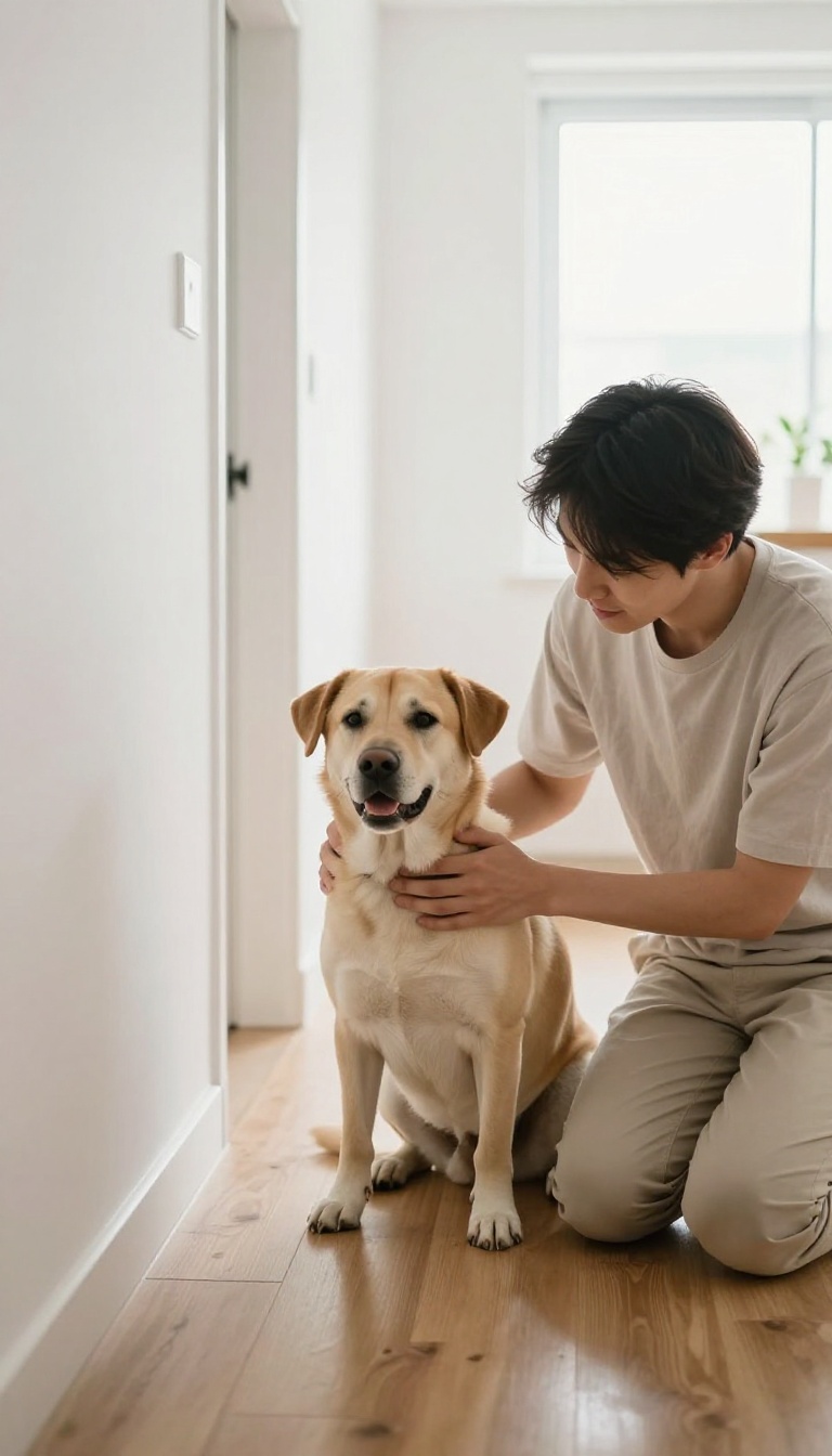 A person calmly greeting a sitting dog in a bright apartment hallway, illustrating polite greeting training.