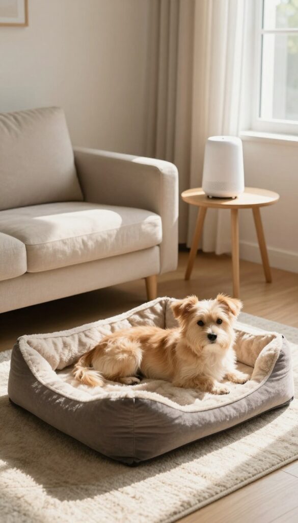 A calm puppy resting in a cozy living room with a white noise machine nearby