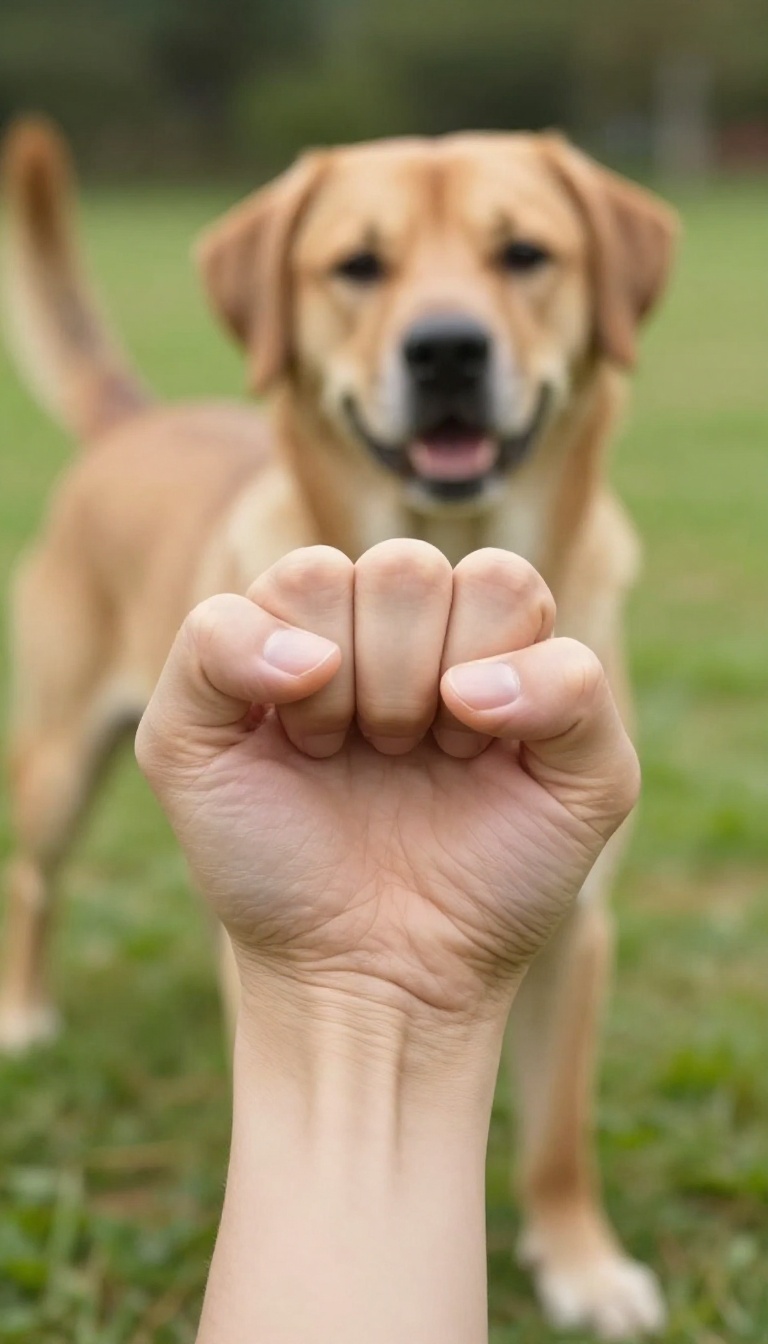 Person using a fist hand signal to call a dog, with the dog running toward them in a sunny outdoor setting.