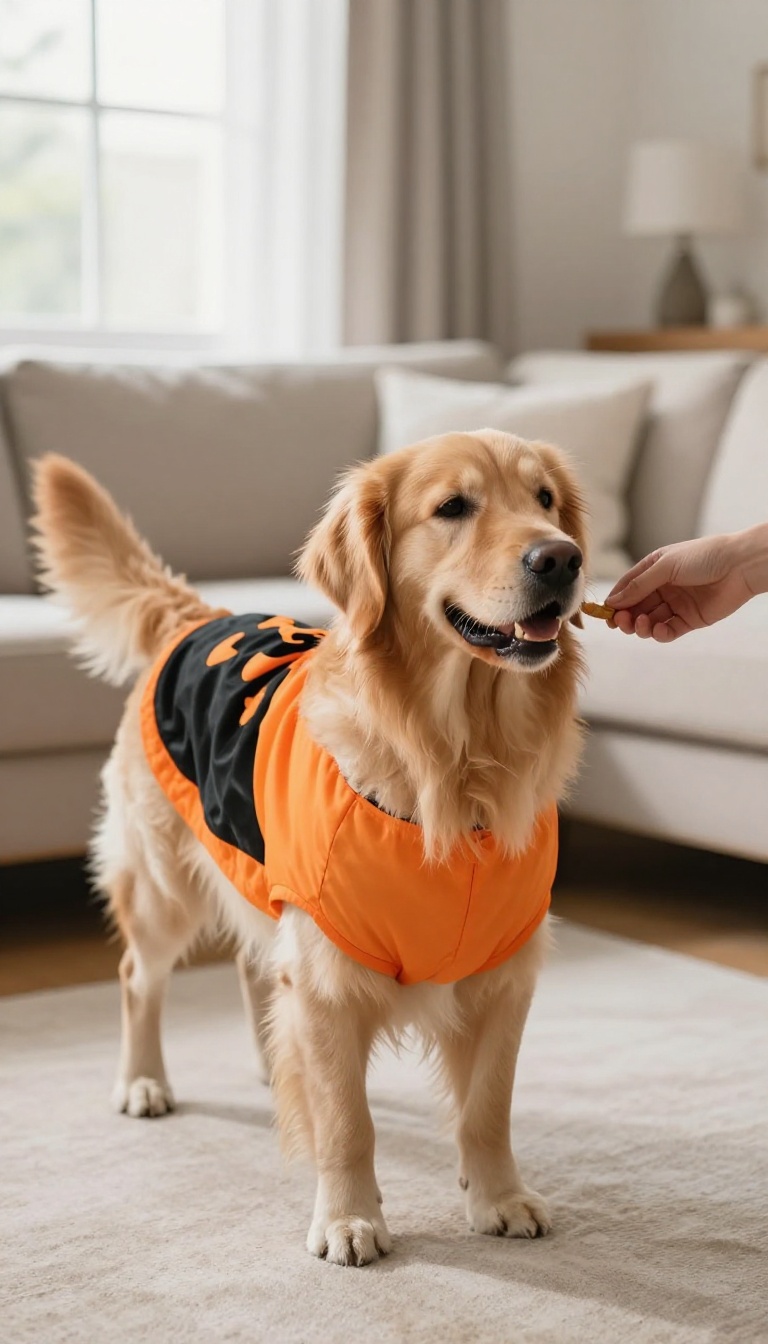 A calm dog wearing a loose Halloween costume draped over its back, being rewarded with a treat in a bright living room.