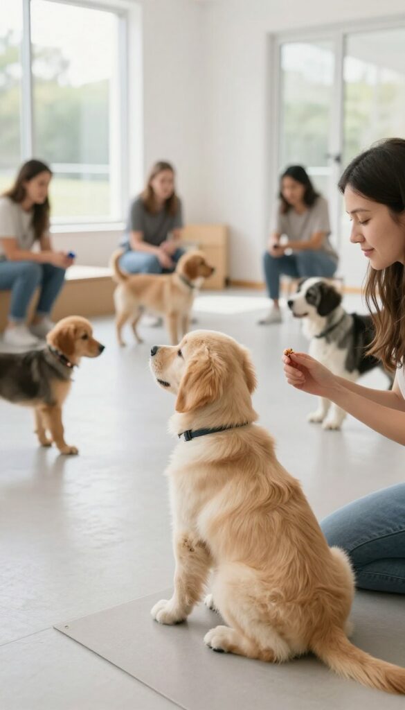 A puppy in a positive reinforcement training class, staying calm among distractions.