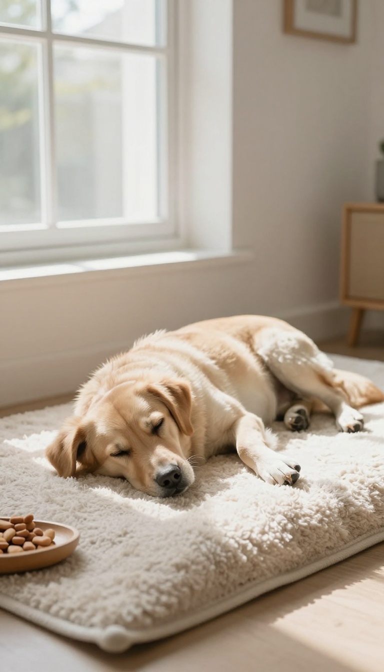 A calm dog lying on a rug in a bright living room with treats nearby, symbolizing rewarding relaxed behavior.