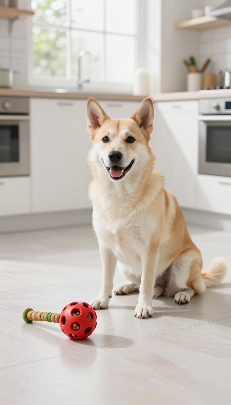 Dog engaged with a puzzle toy and chew to prevent food stealing