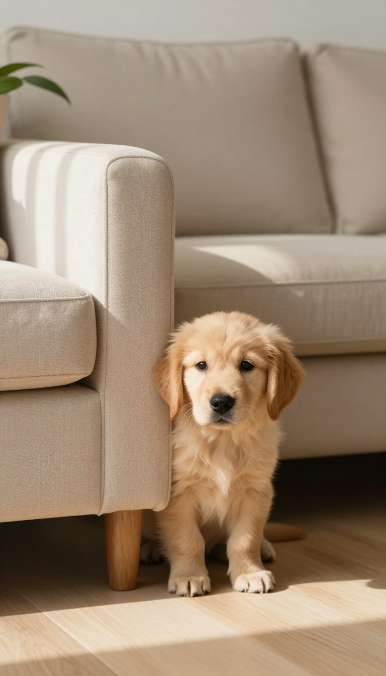 Golden retriever puppy peeking around a sofa in a bright living room during a hide and seek game