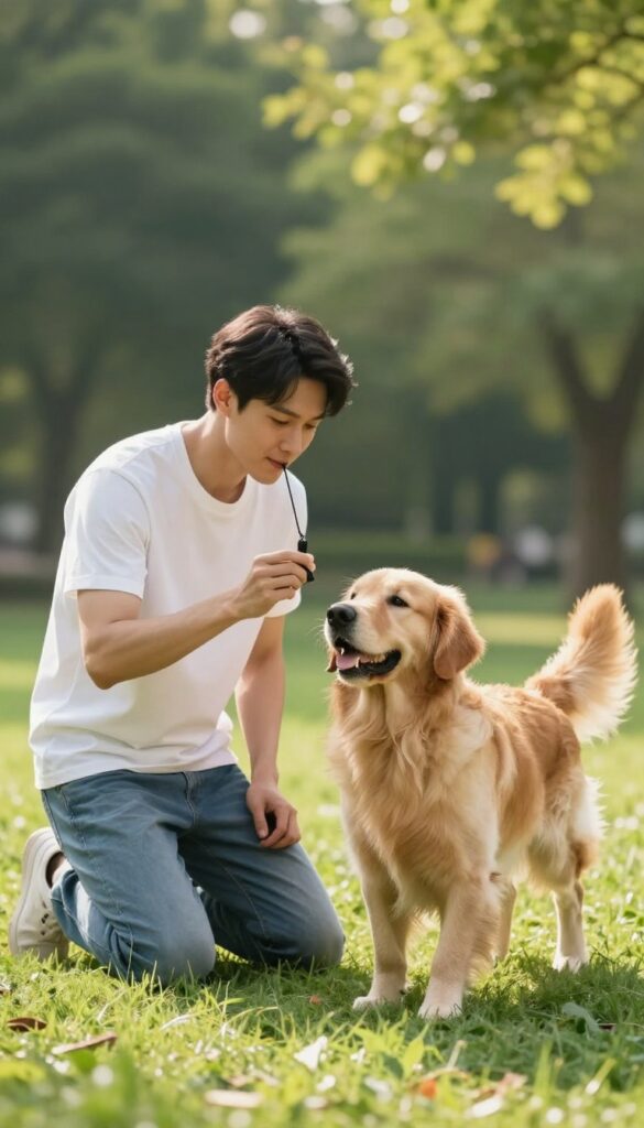 Dog owner blowing whistle while dog runs towards them in a park