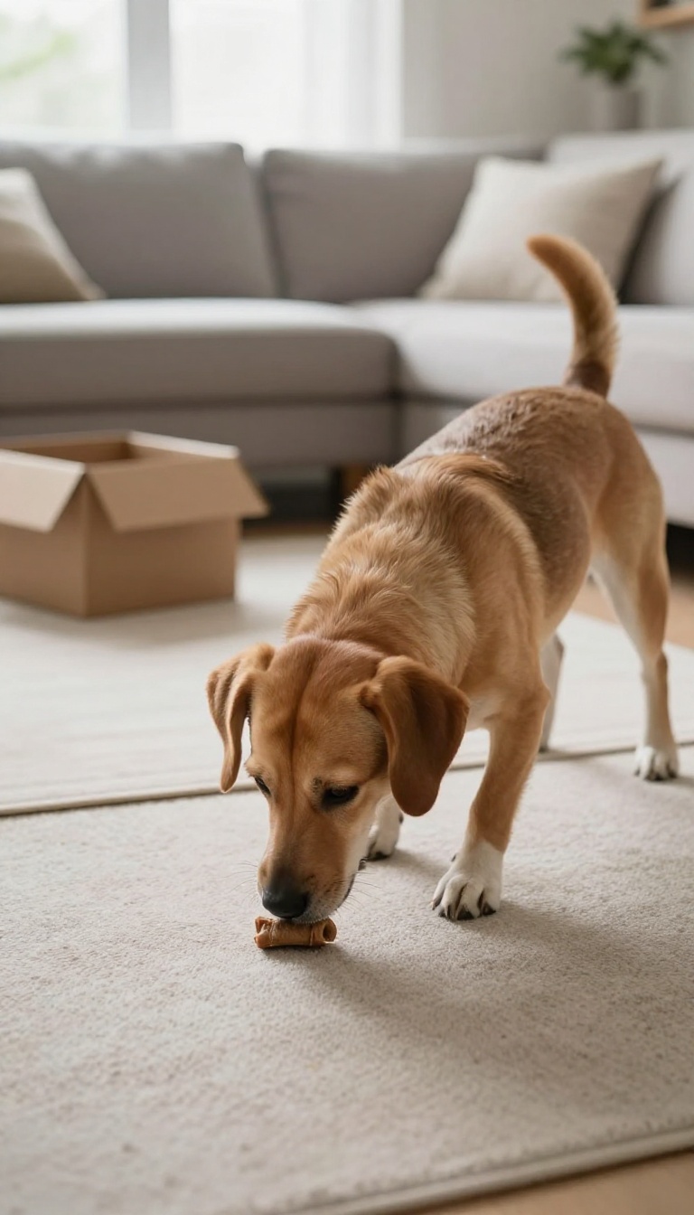 A shy dog sniffing out treats hidden in a cozy living room during an indoor scavenger hunt.