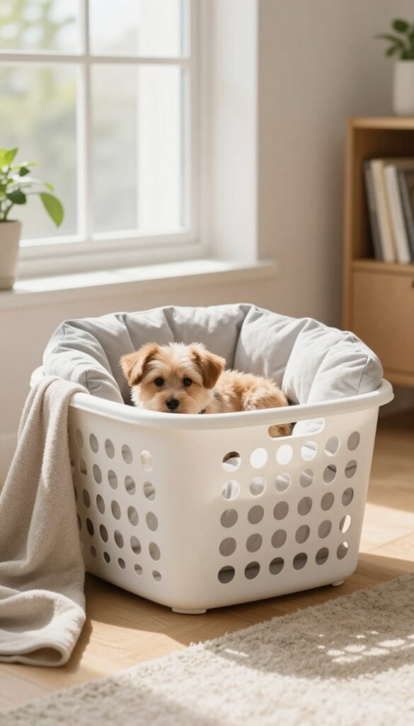 A small dog resting in a plastic laundry basket lined with a cushion, set in a bright, cozy living room.