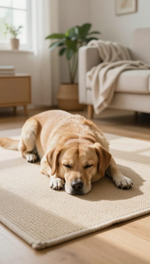 A calm dog lying on a mat in a bright living room, symbolizing a relaxation training ritual.