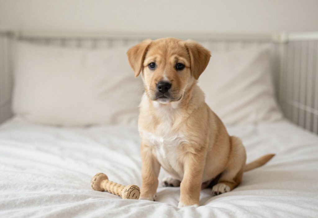Puppy sitting calmly in a crate with a chew toy, feeling secure