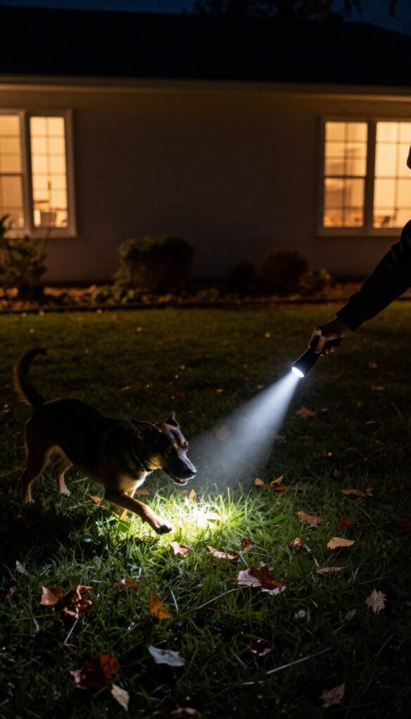 A dog chasing a flashlight beam in a dark backyard at night during fall.