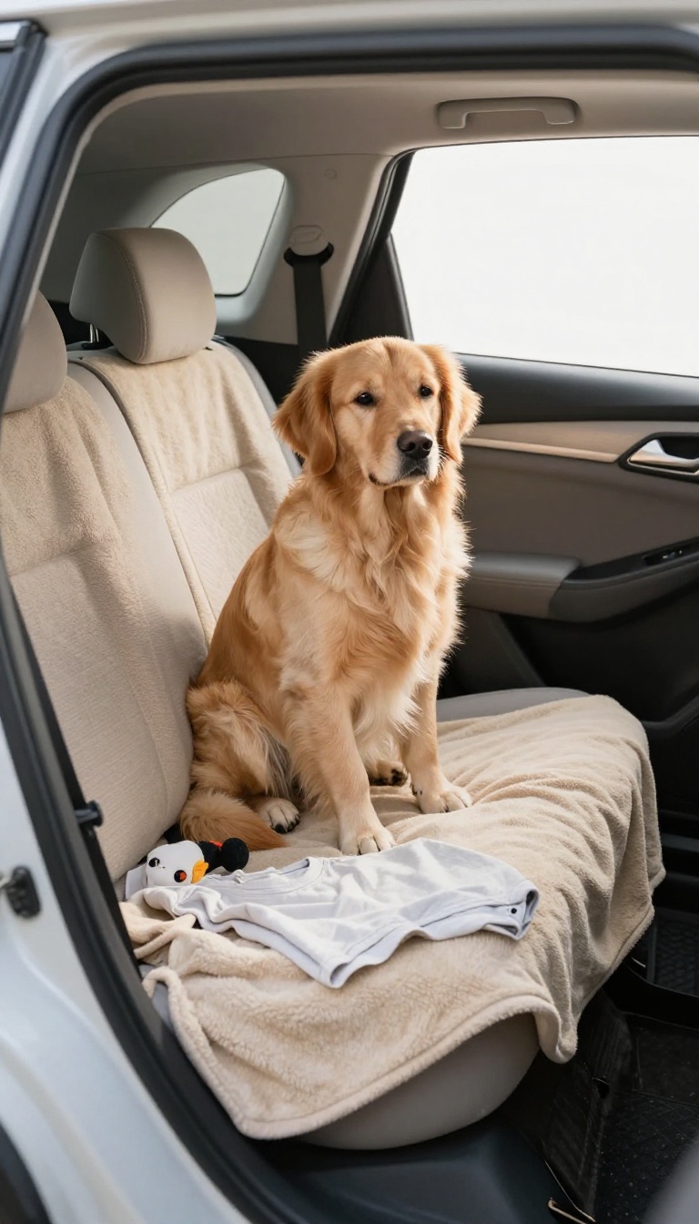 A relaxed golden retriever lying on a cozy blanket in the back seat of a car, with a toy and a t-shirt, creating a comfortable travel space.