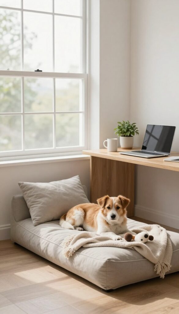 Small dog resting on a cushioned bed under a wooden desk in a bright home office